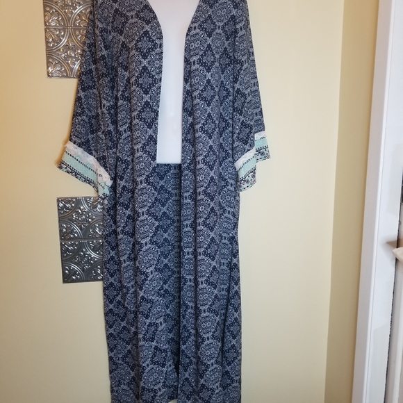 Navy & White Long Open Front Duster Size L - Picture 2 of 5